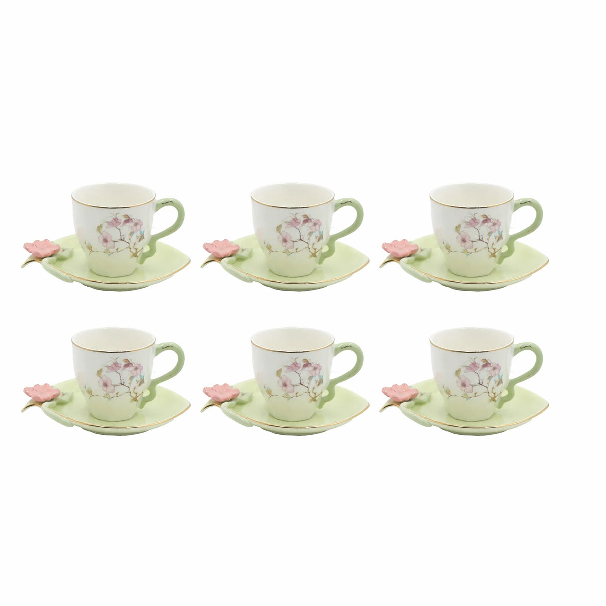 Angela BRD-435 Turkish Coffee Cup with Saucer Set – 12 Pieces – Mint Green Floral Design with Gold Rim - Al Kabayel Discount CentreAngela BRD-435 Turkish Coffee Cup with Saucer Set – 12 Pieces – Mint Green Floral Design with Gold RimTea SetsANGELAAl Kabayel Discount Centre