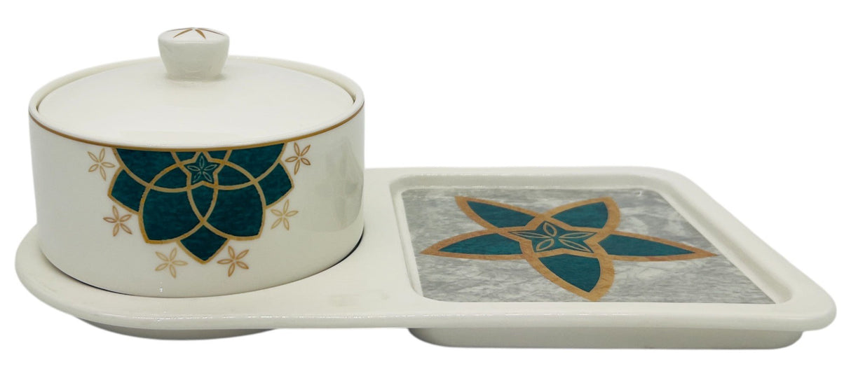 Angela Ceramic Sugar Pot with Tray 28cm*15cm*7.5cm, White - Green - Gold - Al Kabayel Discount CentreAngela Ceramic Sugar Pot with Tray 28cm*15cm*7.5cm, White - Green - GoldJars & Food SaversANGELAAl Kabayel Discount Centre