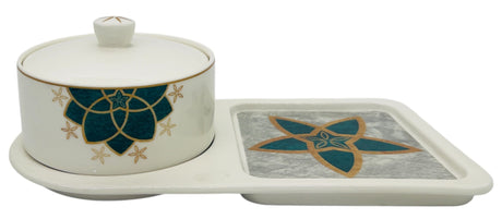 Angela Ceramic Sugar Pot with Tray 28cm*15cm*7.5cm, White - Green - Gold - Al Kabayel Discount CentreAngela Ceramic Sugar Pot with Tray 28cm*15cm*7.5cm, White - Green - GoldJars & Food SaversANGELAAl Kabayel Discount Centre