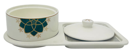 Angela Ceramic Sugar Pot with Tray 28cm*15cm*7.5cm, White - Green - Gold - Al Kabayel Discount CentreAngela Ceramic Sugar Pot with Tray 28cm*15cm*7.5cm, White - Green - GoldJars & Food SaversANGELAAl Kabayel Discount Centre