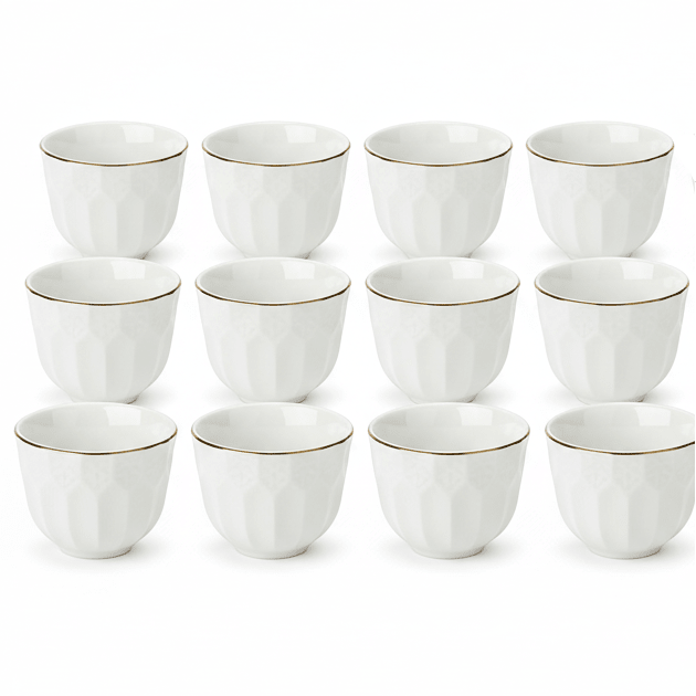 Angela Elegant White Ceramic Arabic Cawa Cups Set of 12 Gold Rim Luxury Classic Coffee Cups 80 ml - Al Kabayel Discount CentreAngela Elegant White Ceramic Arabic Cawa Cups Set of 12 Gold Rim Luxury Classic Coffee Cups 80 mlTea CupsANGELAAl Kabayel Discount Centre