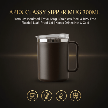 Apex Classy Sipper Mug 300ml — Brown | Stainless Steel & Premium Plastic | Insulated Travel Mug with Leak - Proof Lid - Al Kabayel Discount CentreApex Classy Sipper Mug 300ml — Brown | Stainless Steel & Premium Plastic | Insulated Travel Mug with Leak - Proof LidMugsAPEXAl Kabayel Discount Centre