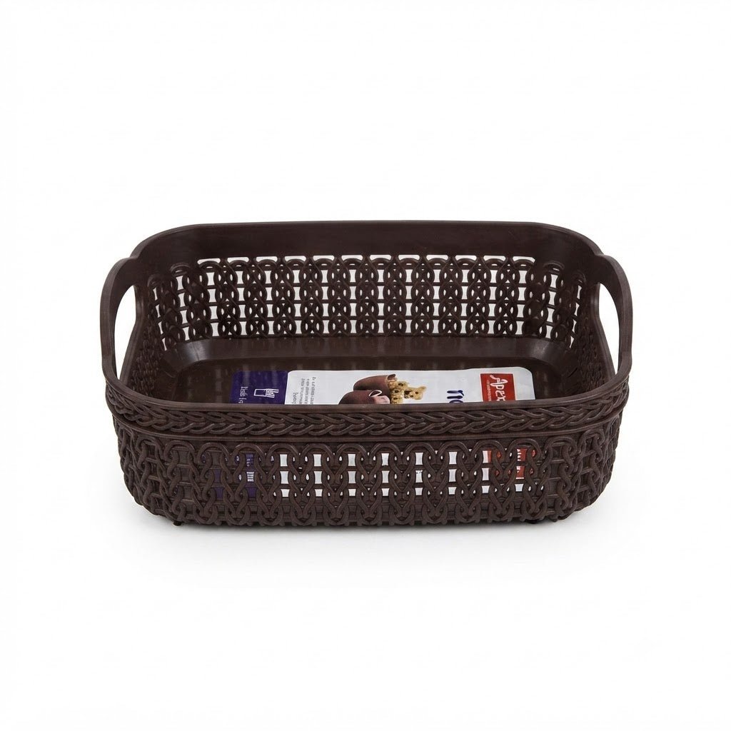 Apex Plastic Net Basket Rattan-Style Weave with Handles 20×14 cm - Brown / Light Green / Dusty Blue - Al Kabayel Discount CentreApex Plastic Net Basket Rattan-Style Weave with Handles 20×14 cm - Brown / Light Green / Dusty BlueOrganizers & AccessoriesAPEXAl Kabayel Discount Centre