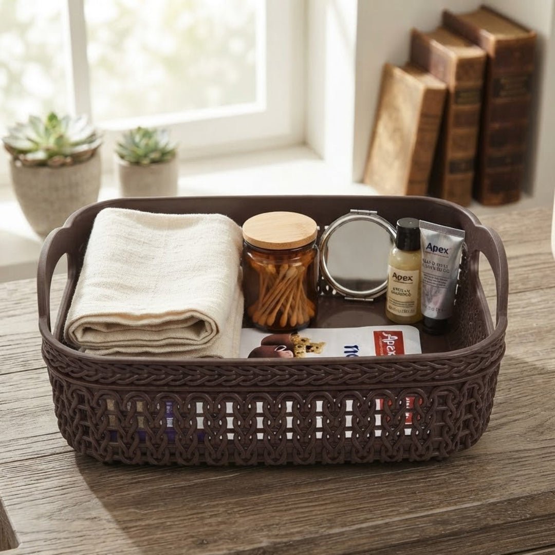 Apex Plastic Net Basket Rattan-Style Weave with Handles 20×14 cm - Brown / Light Green / Dusty Blue - Al Kabayel Discount CentreApex Plastic Net Basket Rattan-Style Weave with Handles 20×14 cm - Brown / Light Green / Dusty BlueOrganizers & AccessoriesAPEXAl Kabayel Discount Centre