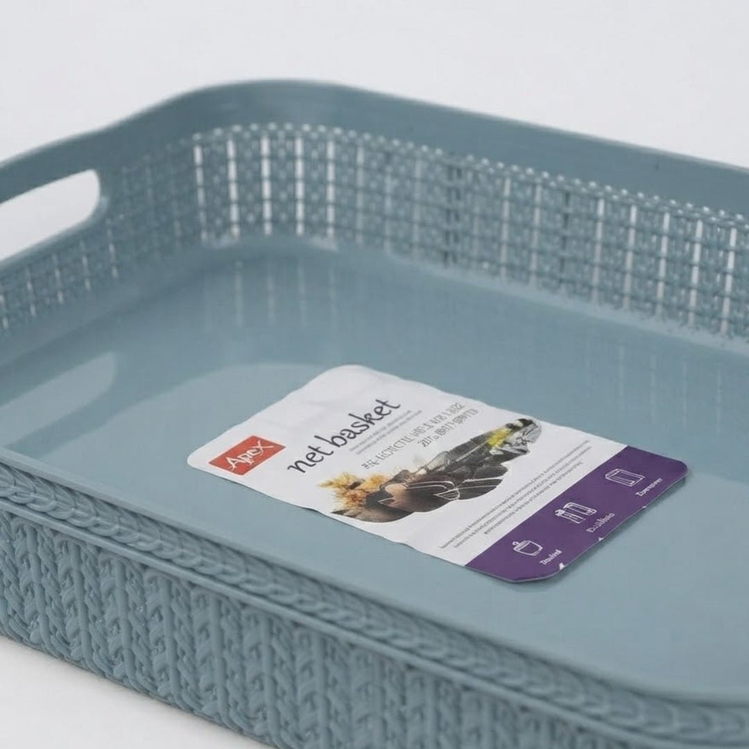 Apex Plastic Net Basket Rattan-Style Weave with Handles - 34×26 cm - Dusty Blue / Grey - Al Kabayel Discount CentreApex Plastic Net Basket Rattan-Style Weave with Handles - 34×26 cm - Dusty Blue / GreyOrganizers & AccessoriesAPEXAl Kabayel Discount Centre