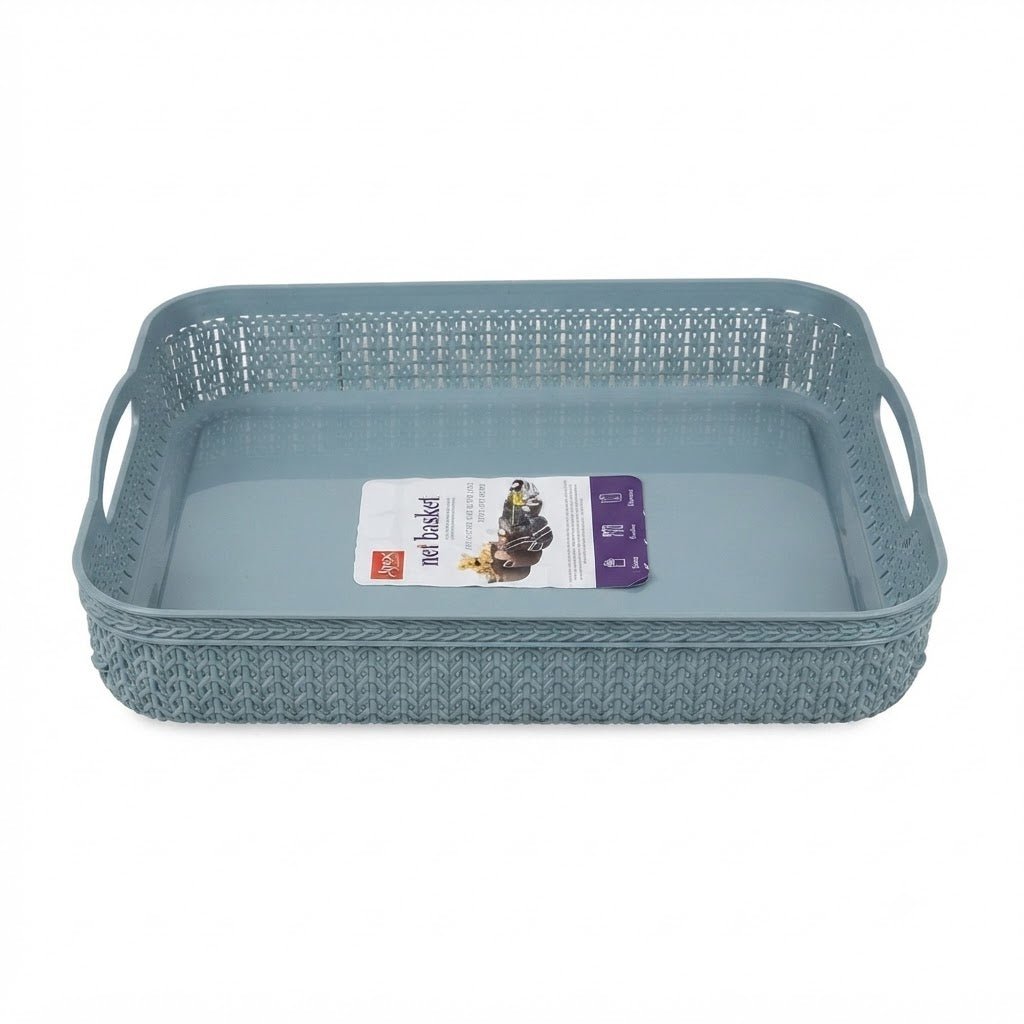 Apex Plastic Net Basket Rattan-Style Weave with Handles - 34×26 cm - Dusty Blue / Grey - Al Kabayel Discount CentreApex Plastic Net Basket Rattan-Style Weave with Handles - 34×26 cm - Dusty Blue / GreyOrganizers & AccessoriesAPEXAl Kabayel Discount Centre