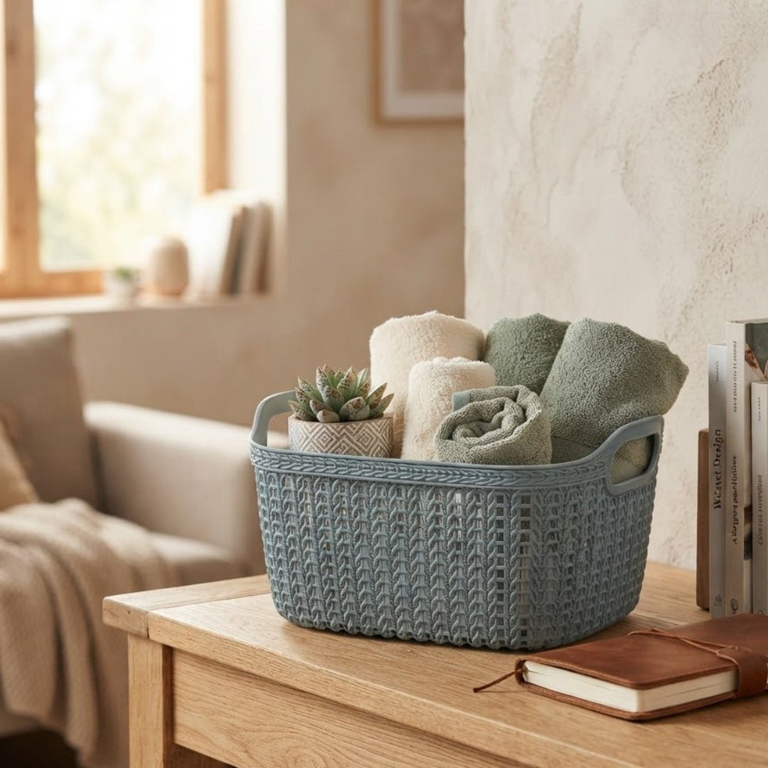 Apex Plastic Rattan-Style Net Basket - 24×17 cm - Brown / Dusty Blue - Al Kabayel Discount CentreApex Plastic Rattan-Style Net Basket - 24×17 cm - Brown / Dusty BlueOrganizers & AccessoriesAPEXAl Kabayel Discount Centre