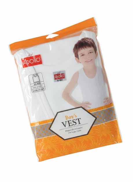 Apollo Boys Pure Cotton Sleeveless Vest, Comfortable & Breathable, White Color, Teen Boys Innerwear, 15–16 Years - Al Kabayel Discount CentreApollo Boys Pure Cotton Sleeveless Vest, Comfortable & Breathable, White Color, Teen Boys Innerwear, 15–16 YearsBoys's/Kid's UnderwearsAPOLLOAl Kabayel Discount Centre