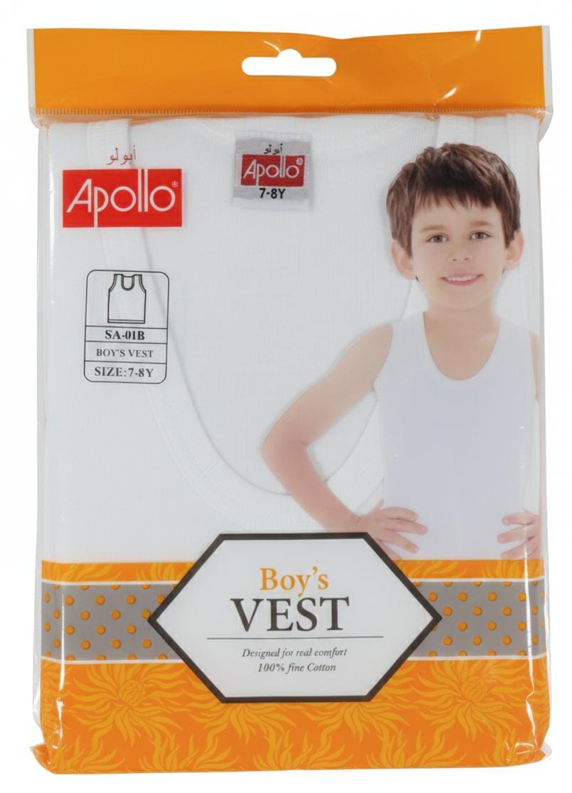 Apollo Boys Pure Cotton Sleeveless Vest, Durable Stitching, White Color, Casual Wear, 7–8 Years - Al Kabayel Discount CentreApollo Boys Pure Cotton Sleeveless Vest, Durable Stitching, White Color, Casual Wear, 7–8 YearsBoys's/Kid's UnderwearsAPOLLOAl Kabayel Discount Centre