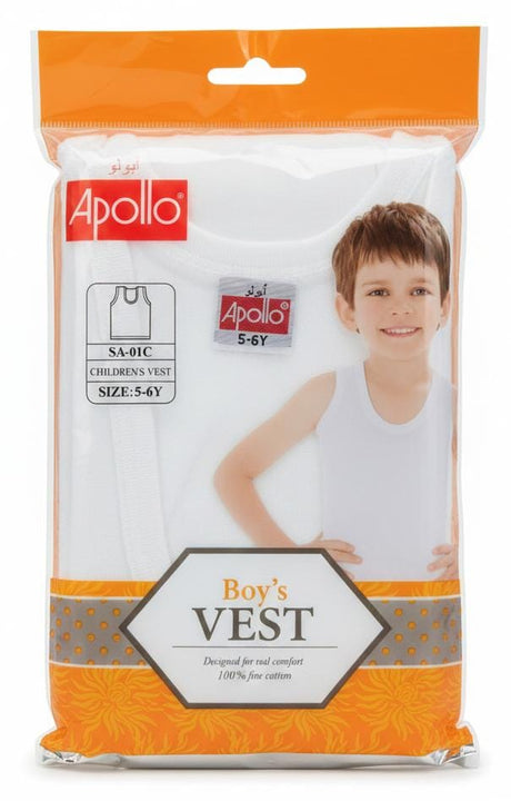 Apollo Boys Pure Cotton Sleeveless Vest, Lightweight & Comfortable, White Color, Boys Innerwear, 5–6 Years - Al Kabayel Discount CentreApollo Boys Pure Cotton Sleeveless Vest, Lightweight & Comfortable, White Color, Boys Innerwear, 5–6 YearsBoys's/Kid's UnderwearsAPOLLOAl Kabayel Discount Centre
