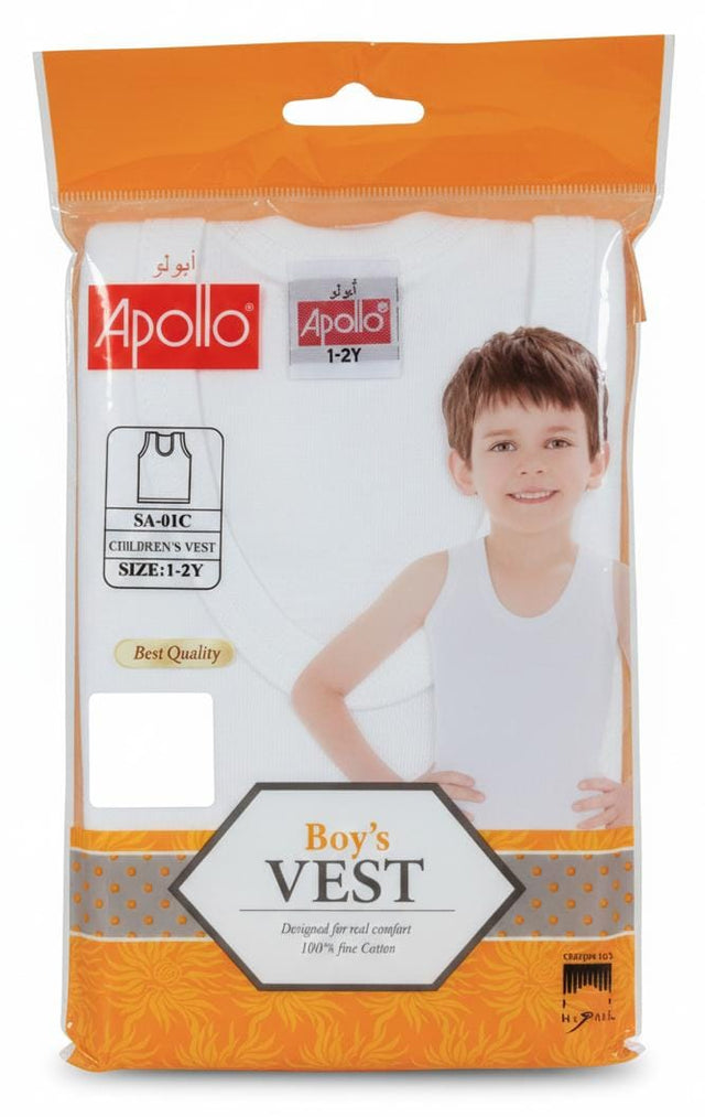 Apollo Boys Pure Cotton Sleeveless Vest, Soft & Breathable Fabric, White Color, Kids Innerwear, 1–2 Years - Al Kabayel Discount CentreApollo Boys Pure Cotton Sleeveless Vest, Soft & Breathable Fabric, White Color, Kids Innerwear, 1–2 YearsBoys's/Kid's UnderwearsAPOLLOAl Kabayel Discount Centre