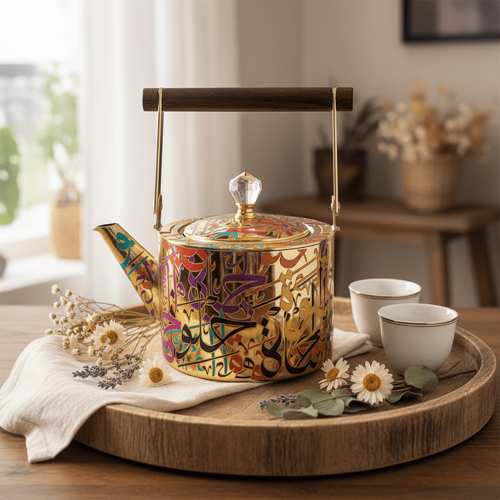 Arabic Calligraphy Gold Metal Tea Kettle | Elegant Wooden Handle & Crystal Lid | 1 Litre / 1.5 Litre | Premium Majlis Hospitality Gift - Al Kabayel Discount CentreArabic Calligraphy Gold Metal Tea Kettle | Elegant Wooden Handle & Crystal Lid | 1 Litre / 1.5 Litre | Premium Majlis Hospitality GiftTea/Coffee PotsAKDCAl Kabayel Discount Centre