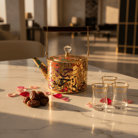 Arabic Calligraphy Gold Metal Tea Kettle | Elegant Wooden Handle & Crystal Lid | 1 Litre / 1.5 Litre | Premium Majlis Hospitality Gift - Al Kabayel Discount CentreArabic Calligraphy Gold Metal Tea Kettle | Elegant Wooden Handle & Crystal Lid | 1 Litre / 1.5 Litre | Premium Majlis Hospitality GiftTea/Coffee PotsAKDCAl Kabayel Discount Centre