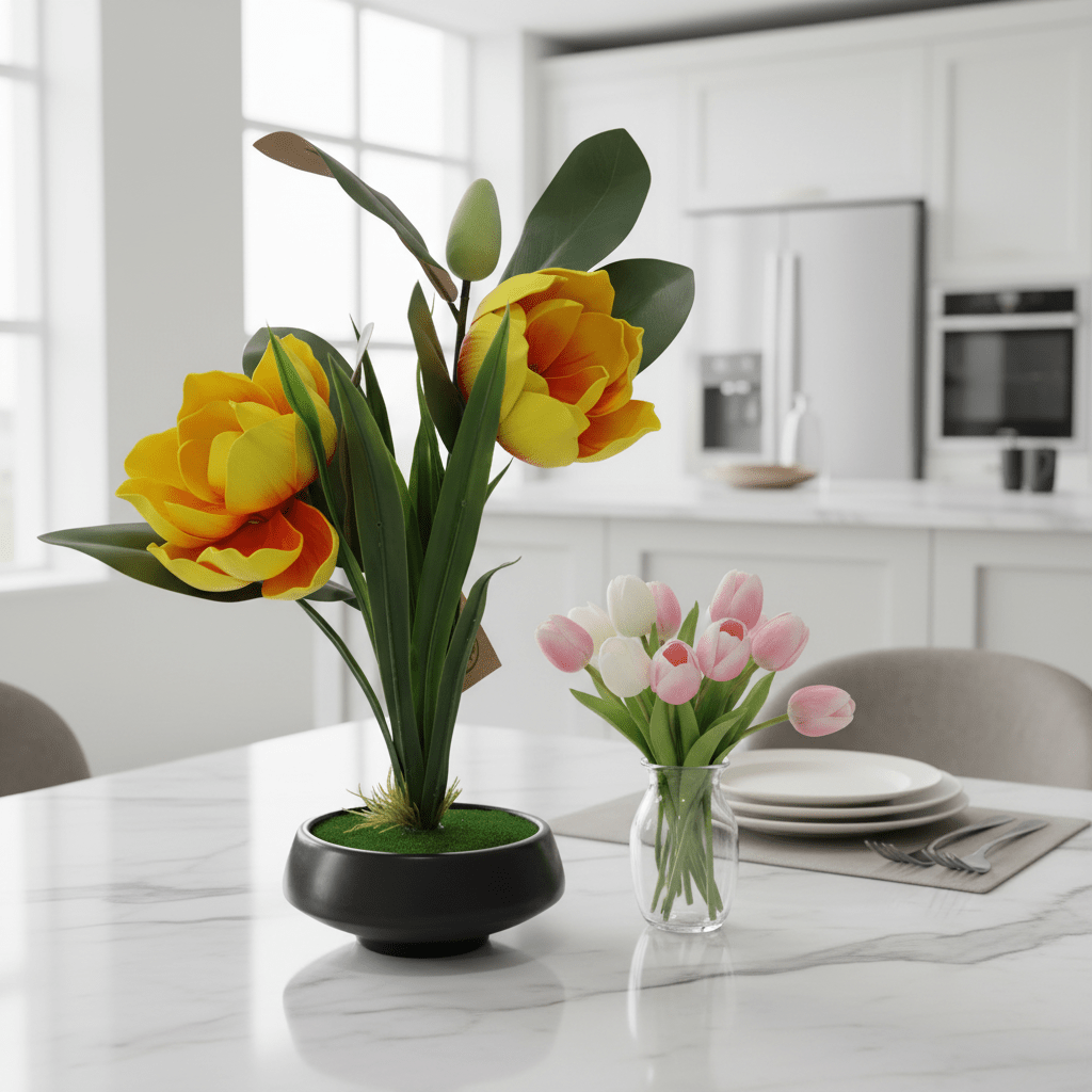 Artificial Flower Plant with Black Ceramic Pot - 40×14cm - Yellow / Red / White / Pink - Al Kabayel Discount CentreArtificial Flower Plant with Black Ceramic Pot - 40×14cm - Yellow / Red / White / PinkArtificial FloraAKDCAl Kabayel Discount Centre
