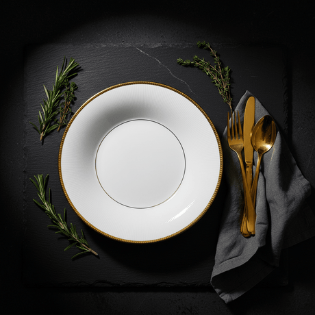 Ascot White Porcelain Soup Plate with Gold Rim — 9 Inch - Al Kabayel Discount CentreAscot White Porcelain Soup Plate with Gold Rim — 9 InchPlatesASCOTAl Kabayel Discount Centre