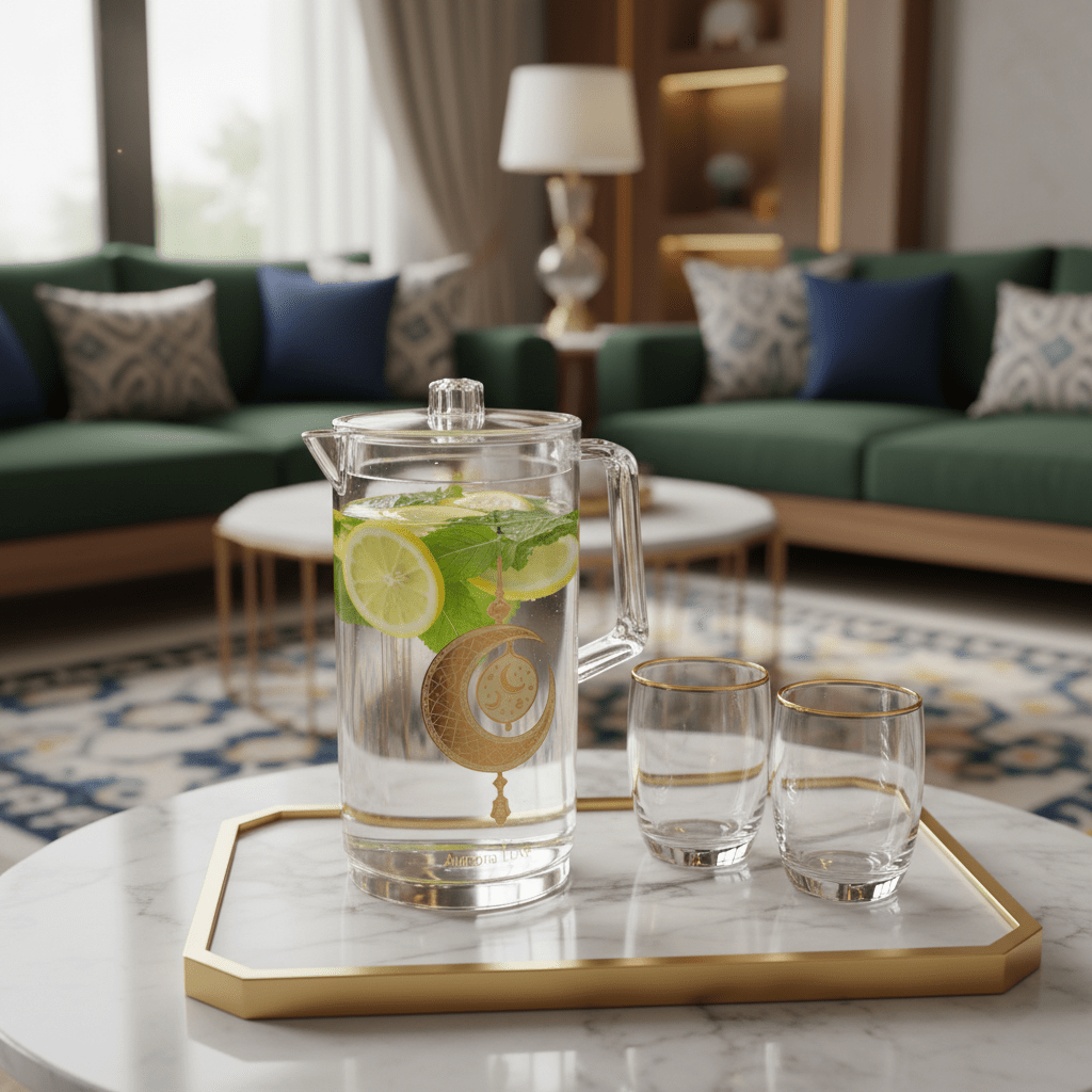 Aurora Luxe Clear Acrylic Water & Juice Jug with Metallic Gold Decorative Print – 2 Litre Capacity - Al Kabayel Discount CentreAurora Luxe Clear Acrylic Water & Juice Jug with Metallic Gold Decorative Print – 2 Litre CapacityJugsAKDCAl Kabayel Discount Centre