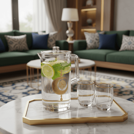 Aurora Luxe Clear Acrylic Water & Juice Jug with Metallic Gold Decorative Print – 2 Litre Capacity - Al Kabayel Discount CentreAurora Luxe Clear Acrylic Water & Juice Jug with Metallic Gold Decorative Print – 2 Litre CapacityJugsAKDCAl Kabayel Discount Centre