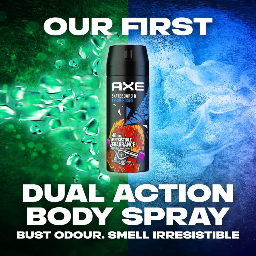 AXE Men Deodorant Body Spray, for long lasting odour protection, Skateboard & Fresh Roses, 48 hours of freshness - 150ML - Al Kabayel Discount CentreAXE Men Deodorant Body Spray, for long lasting odour protection, Skateboard & Fresh Roses, 48 hours of freshness - 150MLFragrancesAXEAl Kabayel Discount Centre