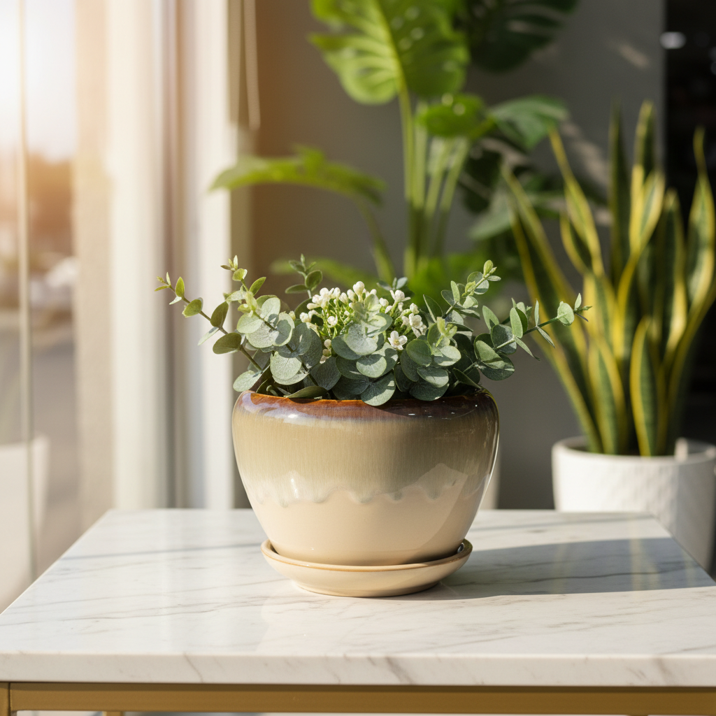 Ceramic Vase with Base Taupe Beige - 10×12cm