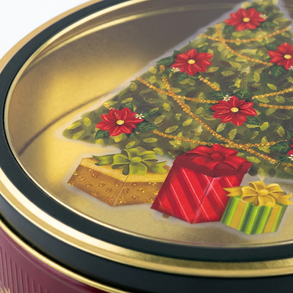 Round Metal Christmas Candy Box with Plastic Lid - 22cm