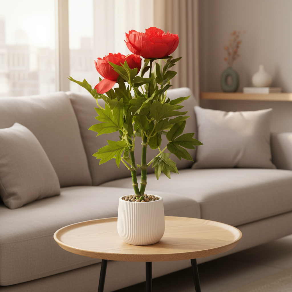 Artificial Flower Plant Red with White Plastic Pot - 40cm