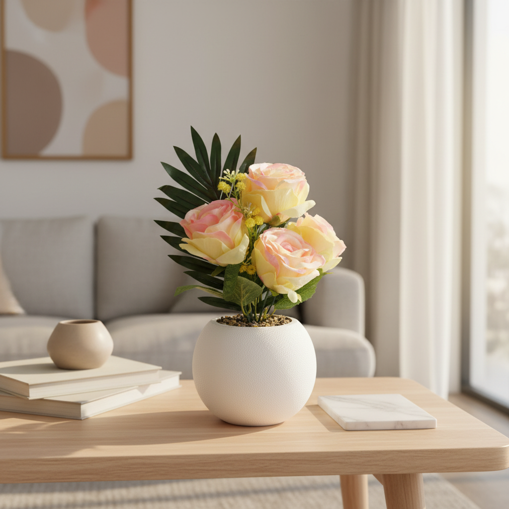 Artificial Rose Flower Plant Pink & Yellow with White Plastic Pot - 30cm