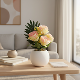 Artificial Rose Flower Plant Pink & Yellow with White Plastic Pot - 30cm
