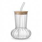 Ribbed Glass Bottle with Lid & Straw - 500ml