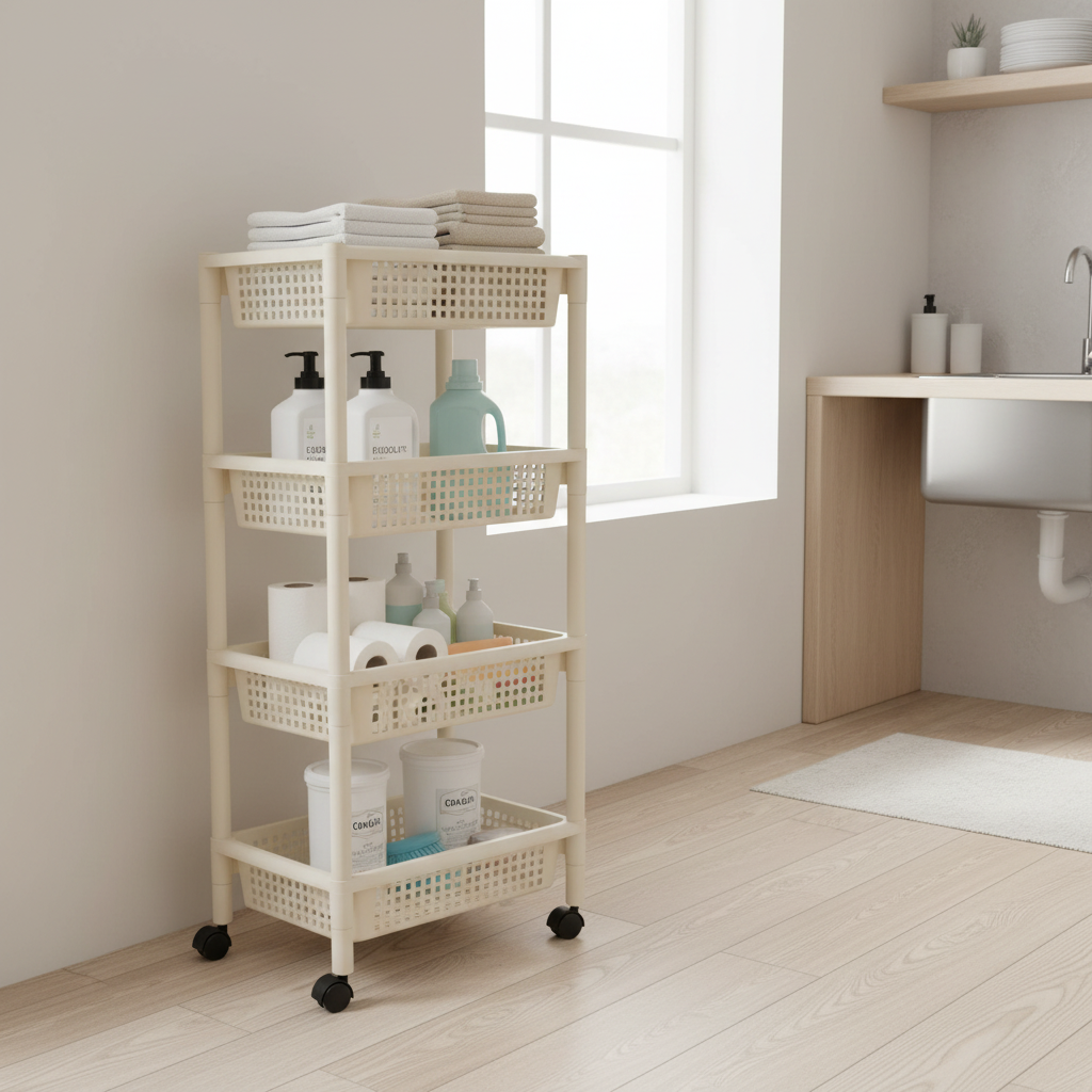 Plastic 4-Tier Storage Rack with Wheels Cream – 100×45×30cm