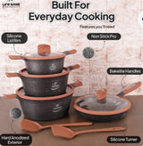 Life Smile  Dolphin Series 10pcs  Non-Stick Granite Coating Cookware Set Includes 6.3 Liter Soup Pot with Lid- 1pc, 4 Liter Soup Pot with Lid- 1pc, 2.3 Liter Soup Pot with Lid- 1pc, 2.7 Liter Fry Pan Lid- 1pc, 2pc Spoons, LIFEP14-10T2-DBrown