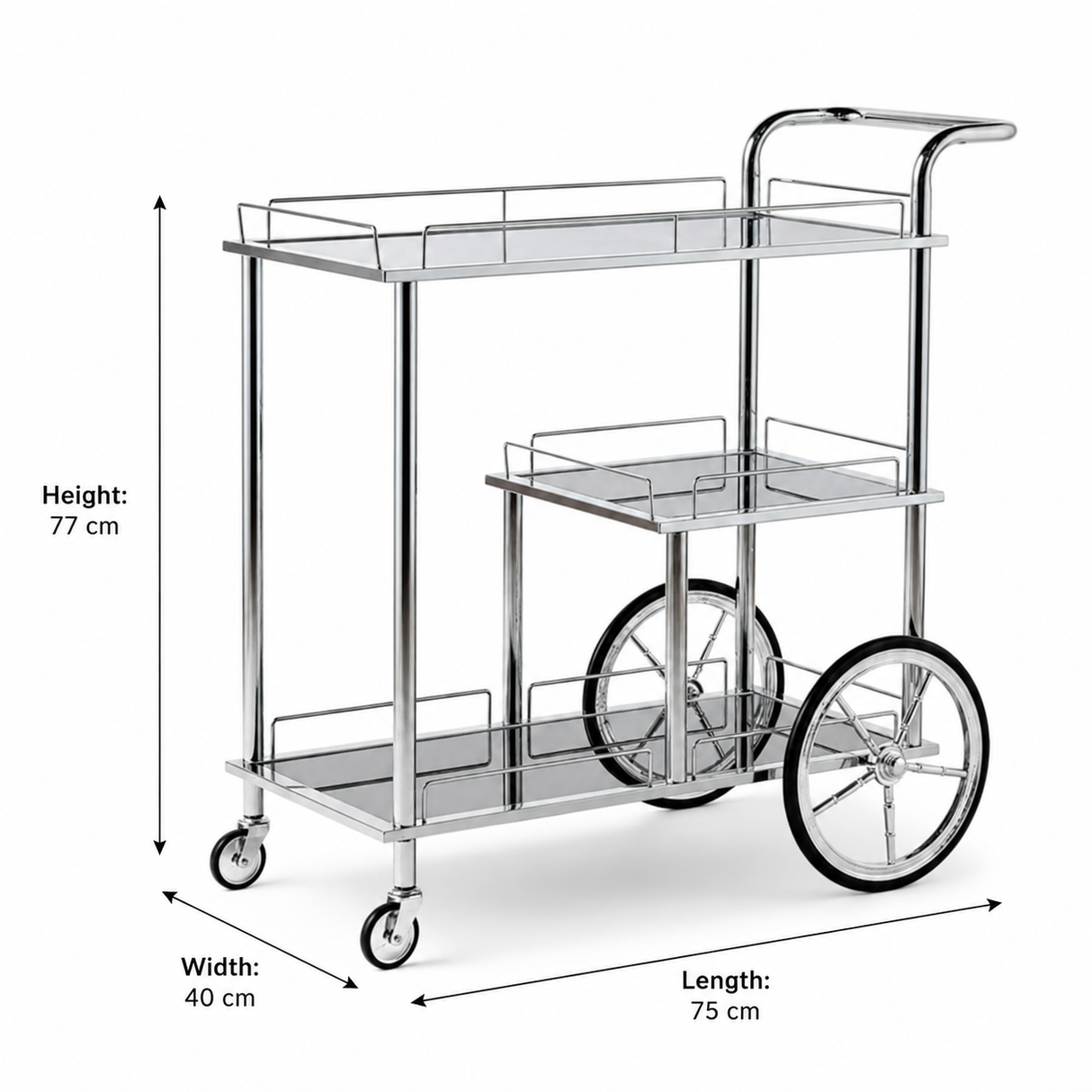 MayFlower 3-Tier Silver Chrome Metal & Clear Glass Serving Trolley Bar Cart | Rolling Hospitality Cart with Spoked Wheels | 77cm × 75cm × 40cm |