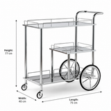 MayFlower 3-Tier Silver Chrome Metal & Clear Glass Serving Trolley Bar Cart | Rolling Hospitality Cart with Spoked Wheels | 77cm × 75cm × 40cm |