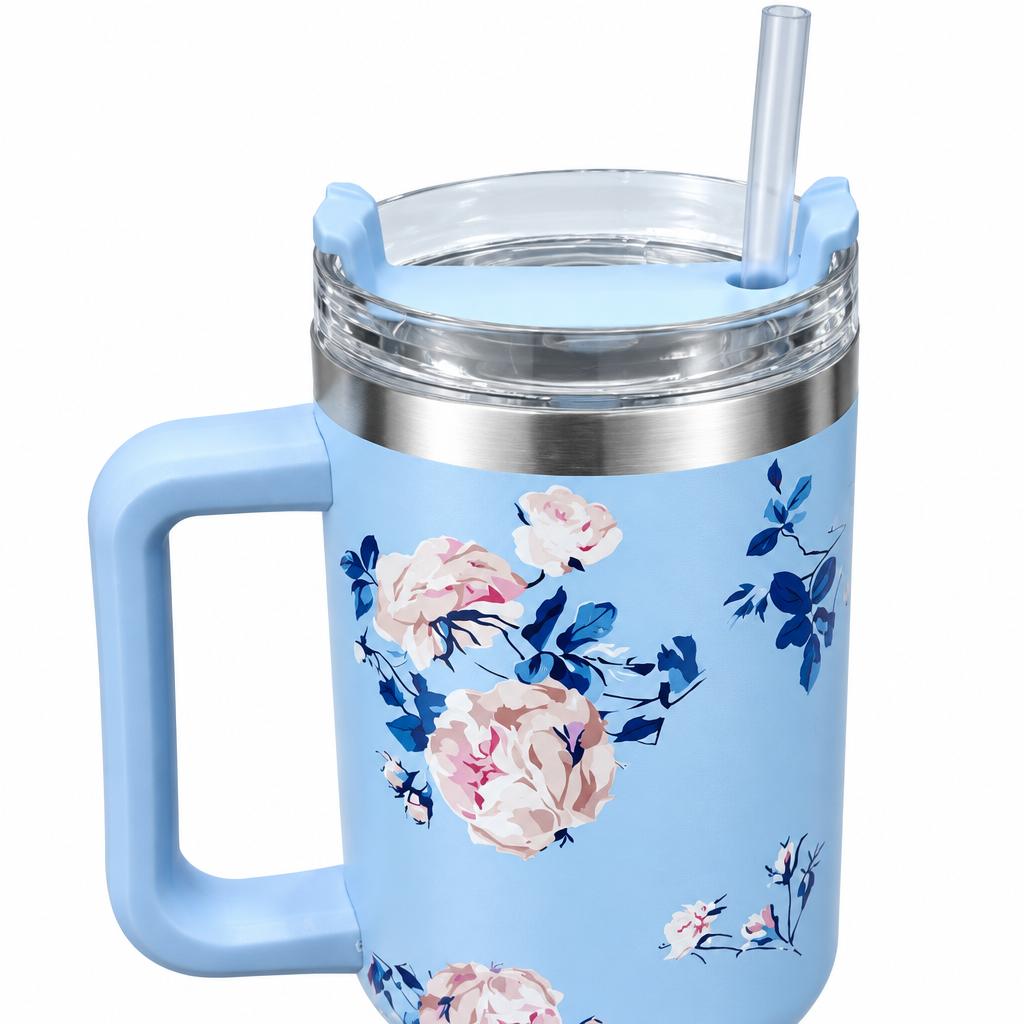 Stainless Steel Water Bottle with Straw & Handle Light Blue - 1 Litre