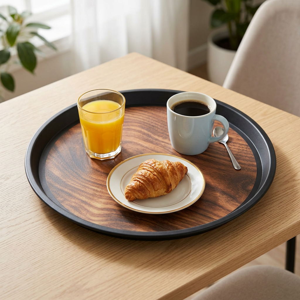 Yuniverse Round Plastic Non-Slip Serving Tray with Wood-Grain Design - 40cm