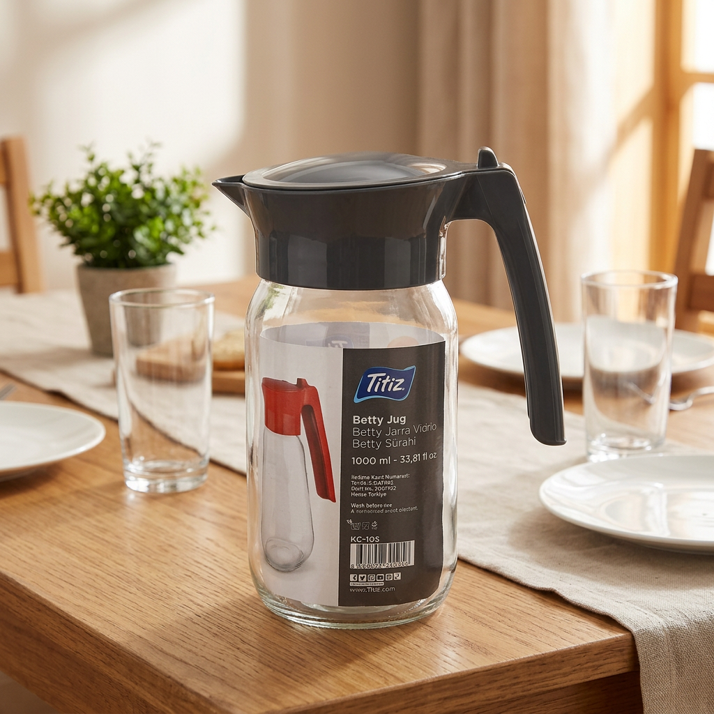 Titz Glass Jug with Black Plastic Lid & Handle Grey – 1 Litre
