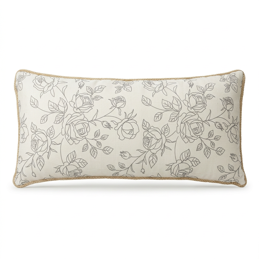 Rectangular Rose Print Cushion - Ivory & Grey – 30×70cm