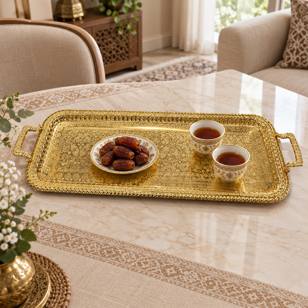 Rectangular Stainless Steel Serving Tray with Handles Gold – 85×30cm
