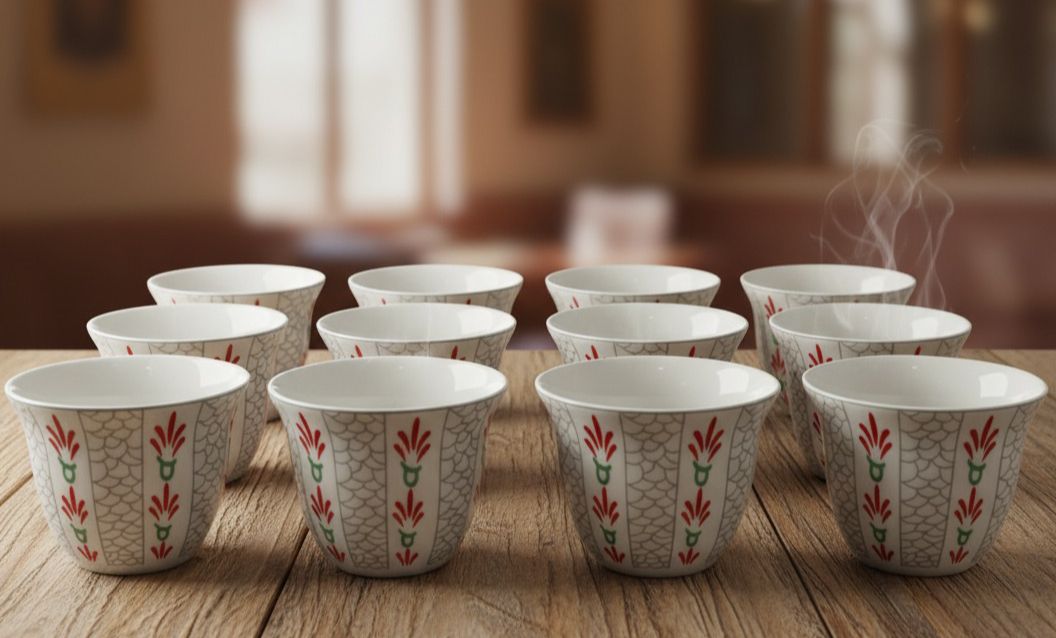 BAB 12 - Piece Traditional Arabic Cawa Cup Set with Carry Bag – Elegant White with Red & Green Design – Large Set Perfect for Parties & Special Occasions - Al Kabayel Discount CentreBAB 12 - Piece Traditional Arabic Cawa Cup Set with Carry Bag – Elegant White with Red & Green Design – Large Set Perfect for Parties & Special OccasionsTea SetsBABAl Kabayel Discount Centre