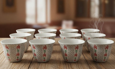 BAB 12 - Piece Traditional Arabic Cawa Cup Set with Carry Bag – Elegant White with Red & Green Design – Large Set Perfect for Parties & Special Occasions - Al Kabayel Discount CentreBAB 12 - Piece Traditional Arabic Cawa Cup Set with Carry Bag – Elegant White with Red & Green Design – Large Set Perfect for Parties & Special OccasionsTea SetsBABAl Kabayel Discount Centre