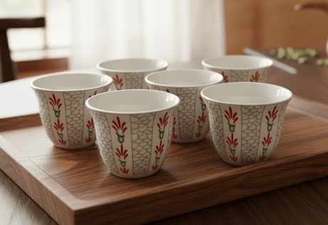 BAB 6 - Piece Traditional Arabic Cawa Cup Set with Carry Bag – Elegant White with Red & Green Design – Perfect for Serving Arabic Coffee at Home & Gatherings - Al Kabayel Discount CentreBAB 6 - Piece Traditional Arabic Cawa Cup Set with Carry Bag – Elegant White with Red & Green Design – Perfect for Serving Arabic Coffee at Home & GatheringsTea SetsBABAl Kabayel Discount Centre