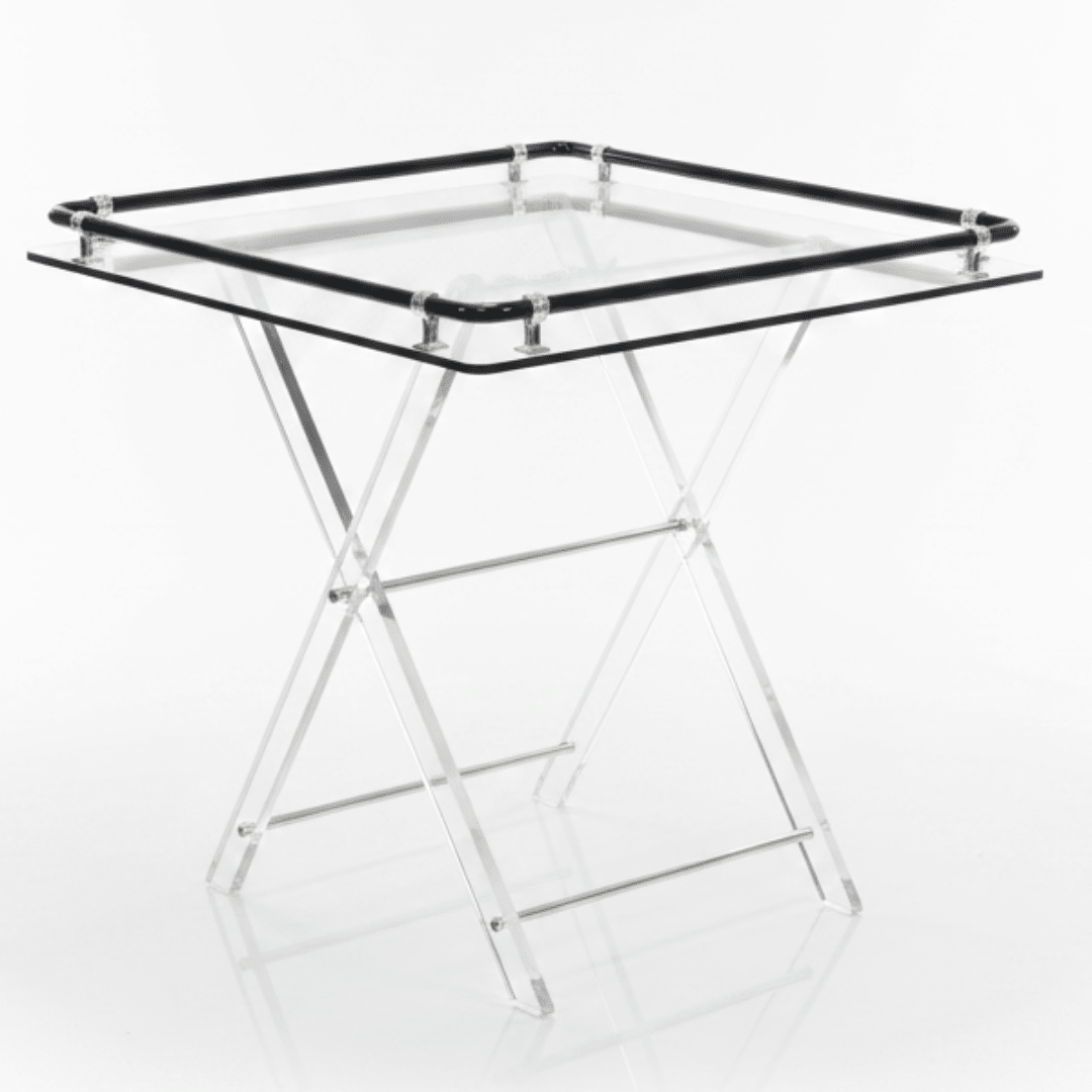 Bait Al Crystal Contemporary Clear Acrylic Folding Table Set with Black Tubular Rail and Silver Bracket Detailing Stylish 4 - Piece Set 50x50x40 cm - Al Kabayel Discount CentreBait Al Crystal Contemporary Clear Acrylic Folding Table Set with Black Tubular Rail and Silver Bracket Detailing Stylish 4 - Piece Set 50x50x40 cmOrganizers & AccessoriesBAIT AL CRYSTALAl Kabayel Discount Centre