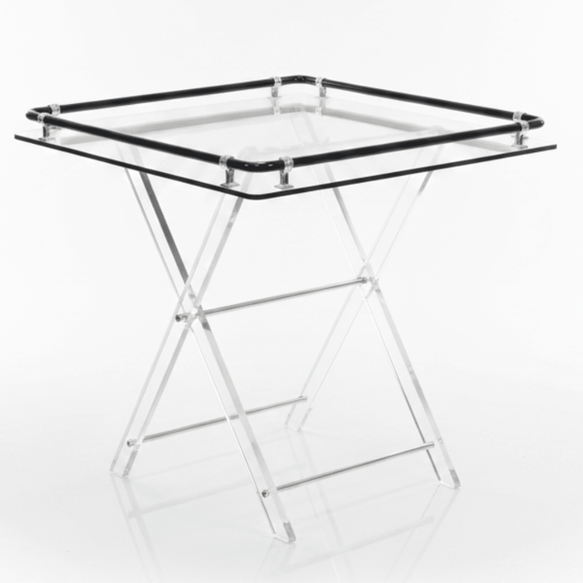 Bait Al Crystal Contemporary Clear Acrylic Folding Table Set with Black Tubular Rail and Silver Bracket Detailing Stylish 4 - Piece Set 50x50x40 cm - Al Kabayel Discount CentreBait Al Crystal Contemporary Clear Acrylic Folding Table Set with Black Tubular Rail and Silver Bracket Detailing Stylish 4 - Piece Set 50x50x40 cmOrganizers & AccessoriesBAIT AL CRYSTALAl Kabayel Discount Centre