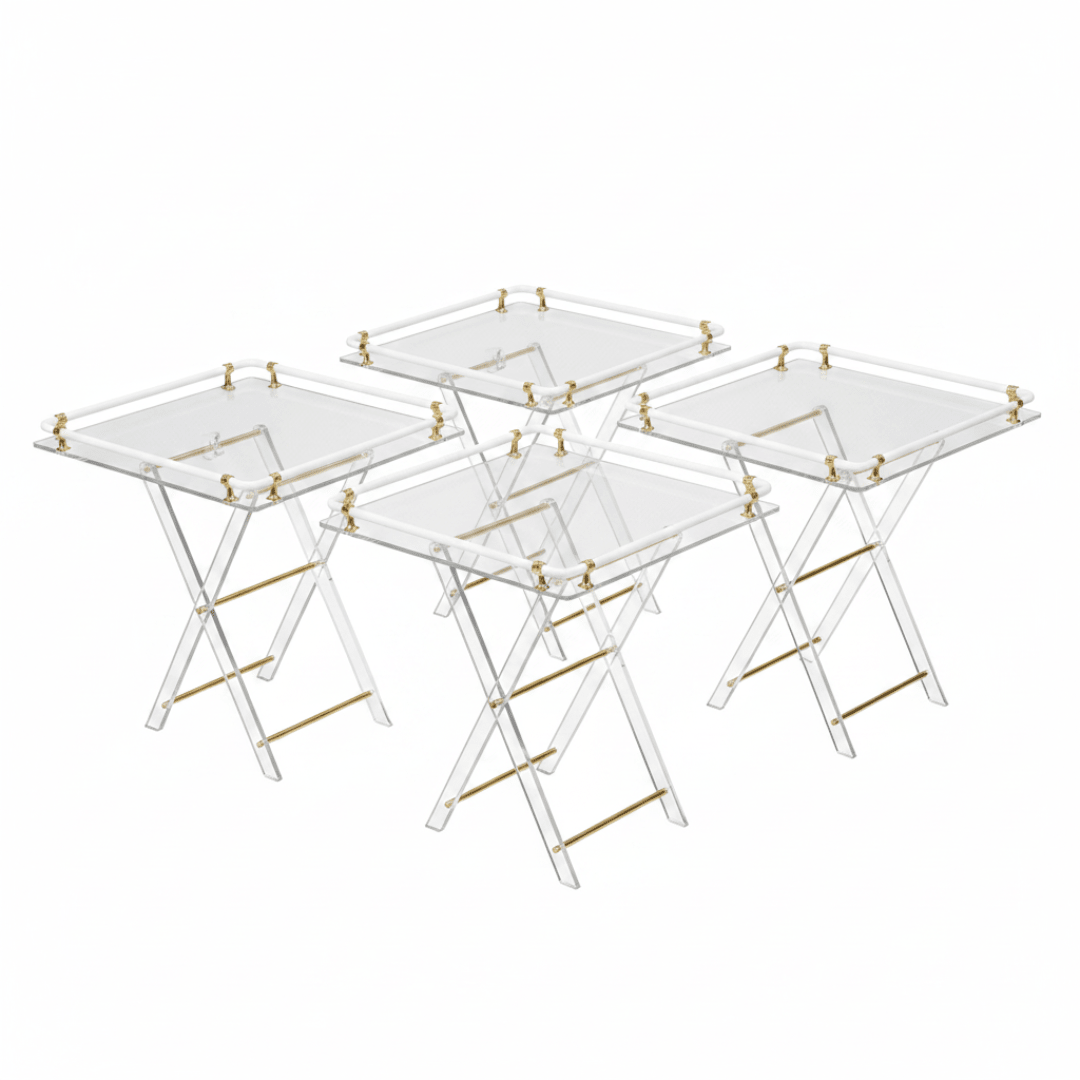 Bait Al Crystal Luxury Clear Acrylic 4 - Piece Folding Table Set with White Tubular Rail and Gold Metal Brackets Modern Home Accent Furniture 50x50x40 cm - Al Kabayel Discount CentreBait Al Crystal Luxury Clear Acrylic 4 - Piece Folding Table Set with White Tubular Rail and Gold Metal Brackets Modern Home Accent Furniture 50x50x40 cmOrganizers & AccessoriesBAIT AL CRYSTALAl Kabayel Discount Centre