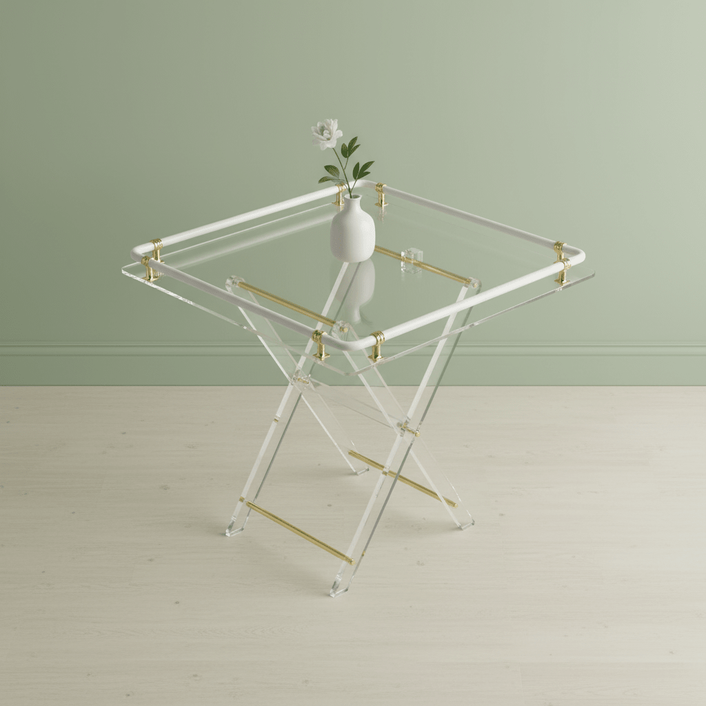 Bait Al Crystal Luxury Clear Acrylic 4 - Piece Folding Table Set with White Tubular Rail and Gold Metal Brackets Modern Home Accent Furniture 50x50x40 cm - Al Kabayel Discount CentreBait Al Crystal Luxury Clear Acrylic 4 - Piece Folding Table Set with White Tubular Rail and Gold Metal Brackets Modern Home Accent Furniture 50x50x40 cmOrganizers & AccessoriesBAIT AL CRYSTALAl Kabayel Discount Centre