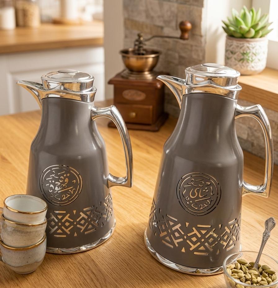 Bait Al Crystal Silver & Gray Arabic Pattern Elegant Vacuum Flask for Hot & Cold Beverage Serving 700ml–1L Capacity - Al Kabayel Discount CentreBait Al Crystal Silver & Gray Arabic Pattern Elegant Vacuum Flask for Hot & Cold Beverage Serving 700ml–1L CapacityThermosBAIT AL CRYSTALAl Kabayel Discount Centre