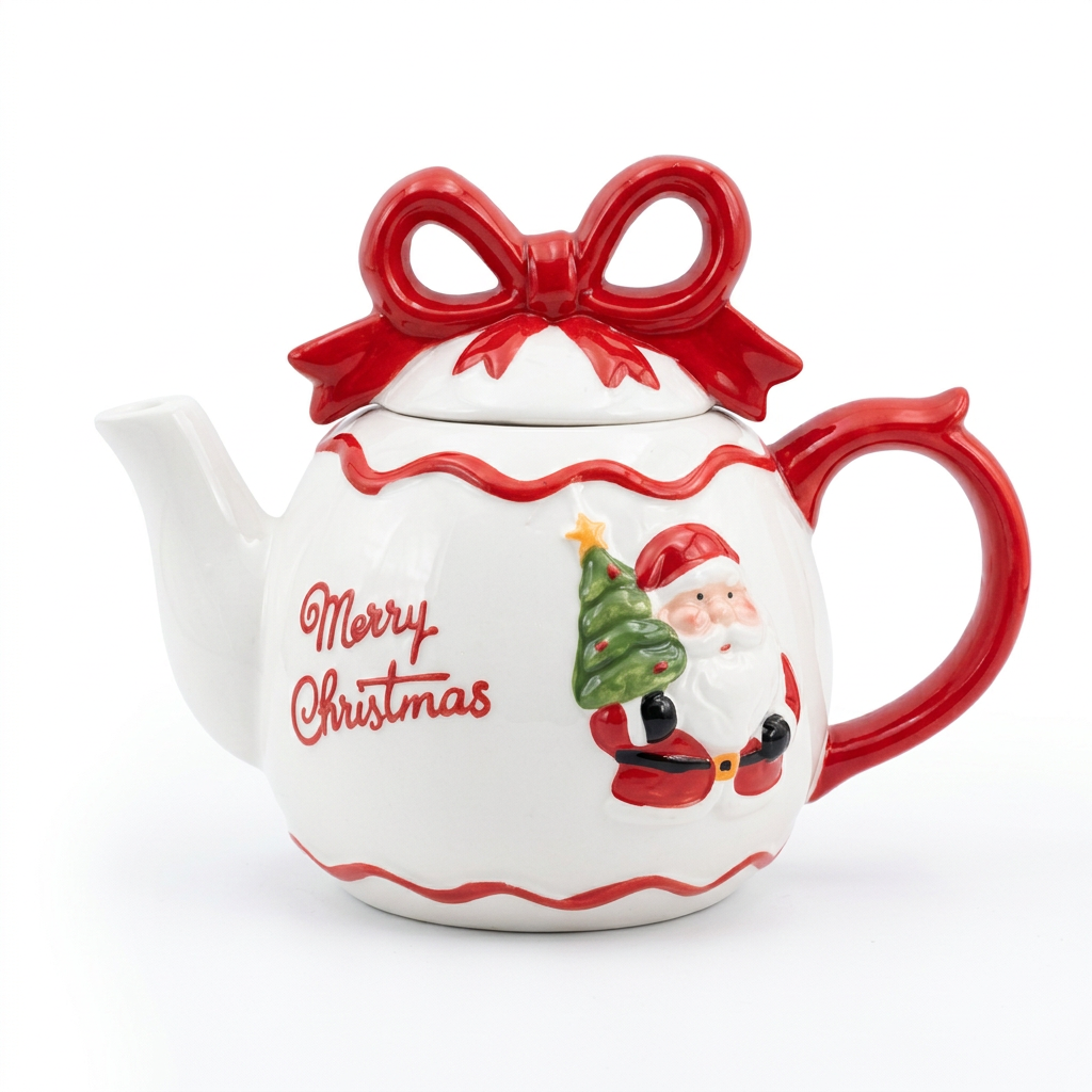 Ceramic Christmas Kettle with Santa Design & Bow Lid - 500ml