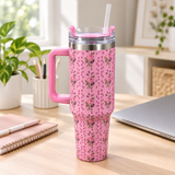 Floral Stainless Steel Water Bottle with Straw and Handle Pink – 1 Litre