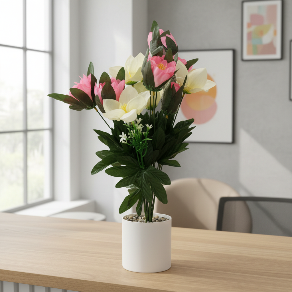 Artificial Flower Plant Pink with White Plastic Pot - 45cm
