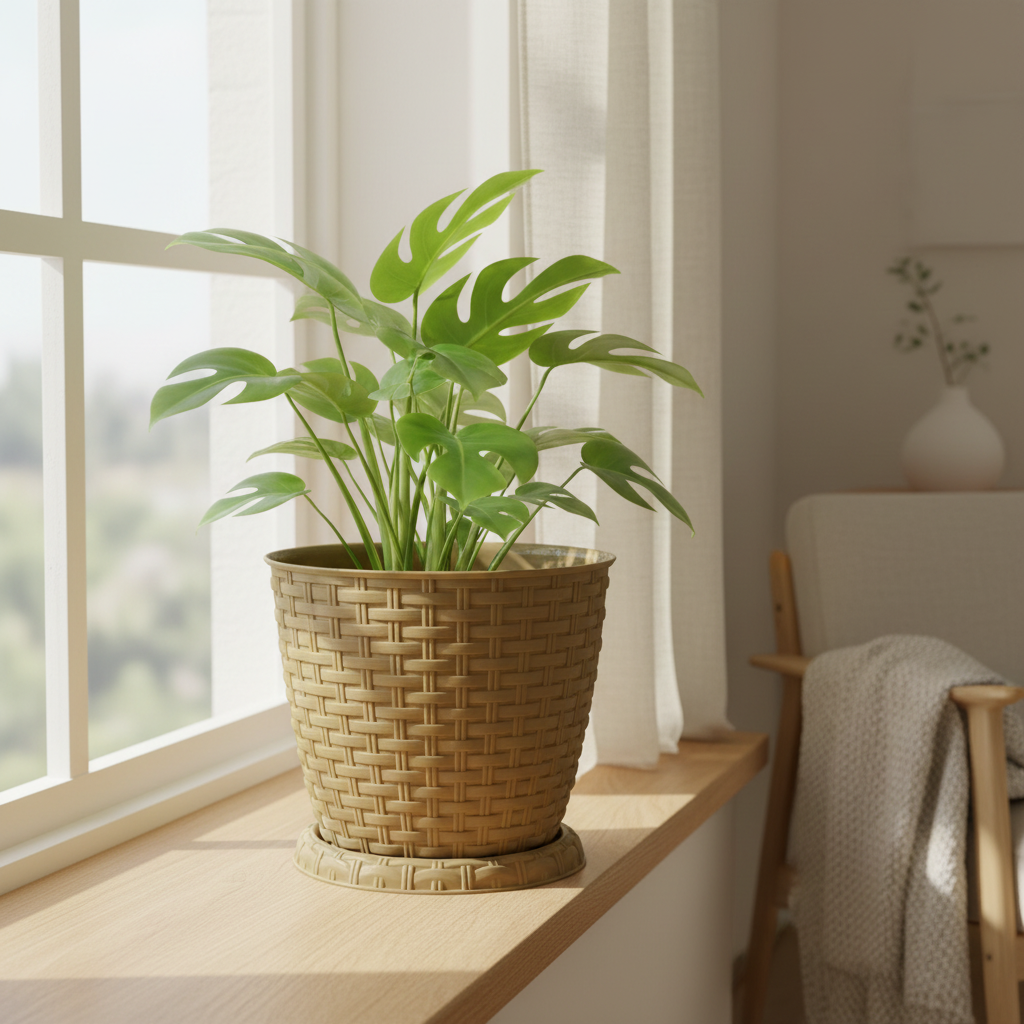 Taupe Plastic Rattan Flower Pot - 17×20cm