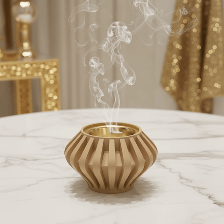 Beige Chalk Incense Burner with Gold Brass Insert — Ribbed Geometric Design | 7cm - Al Kabayel Discount CentreBeige Chalk Incense Burner with Gold Brass Insert — Ribbed Geometric Design | 7cmIncense BurnerAKDCAl Kabayel Discount Centre